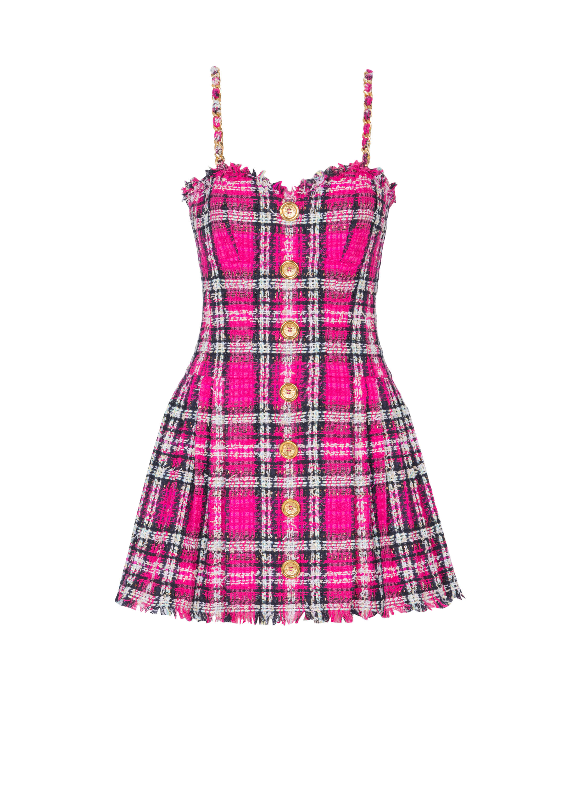 Balmain Plaid Dress With Chain Straps In Pink