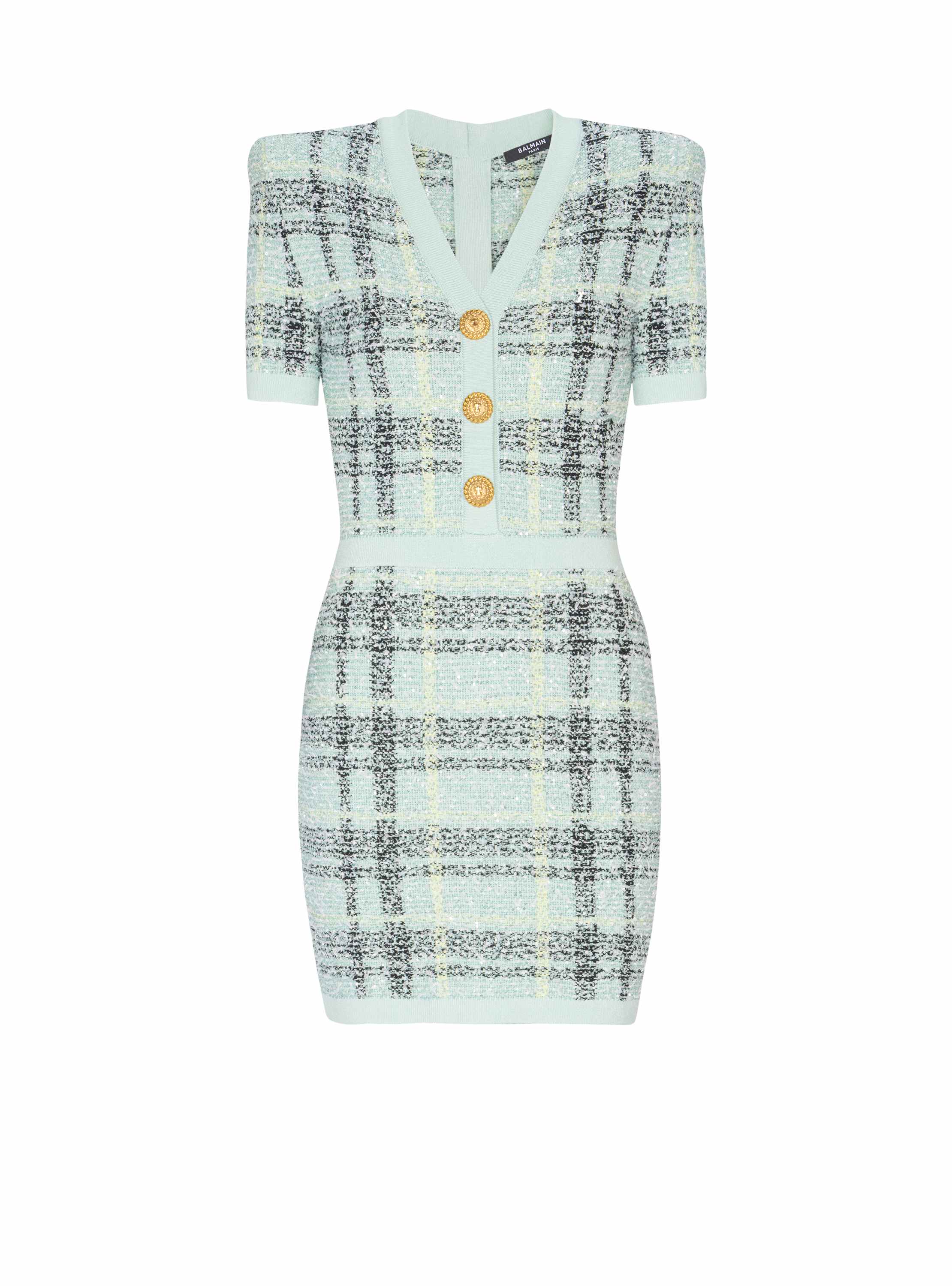 Balmain Short Glitter Tweed Dress In Green