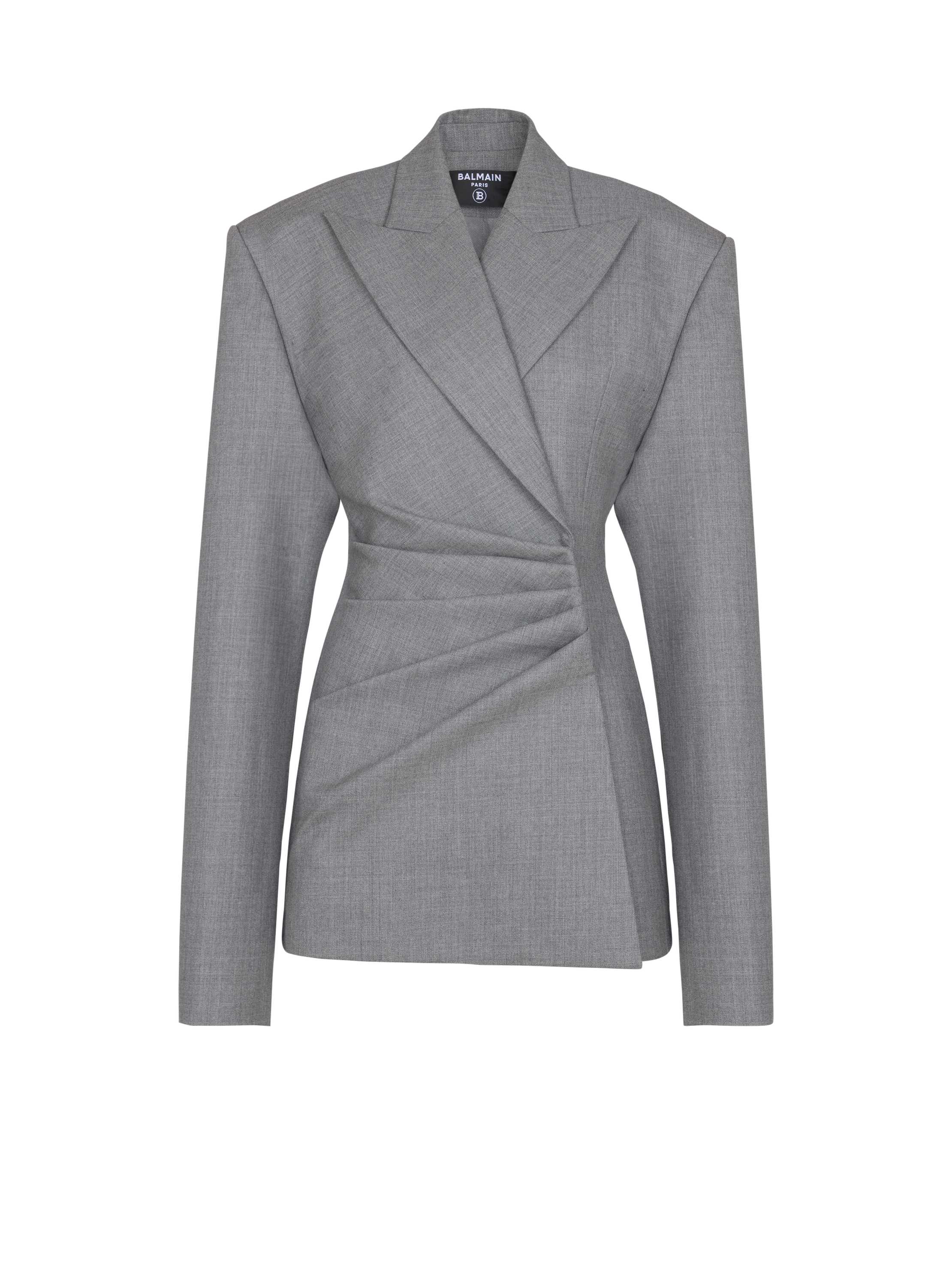 Balmain Short Jacket Dress In Draped Wool In Gray