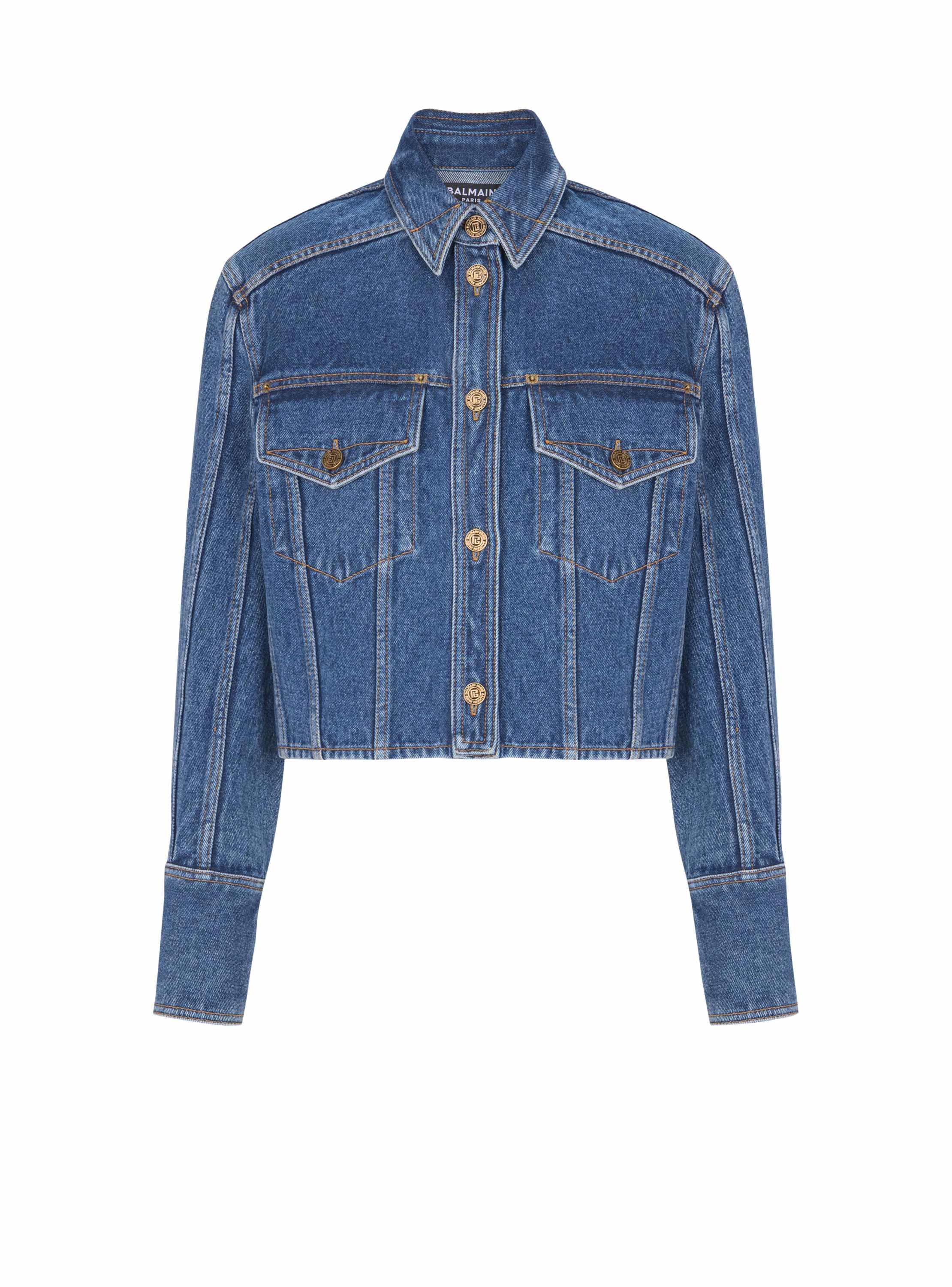 Balmain Cropped Faded Denim Jacket In Blue