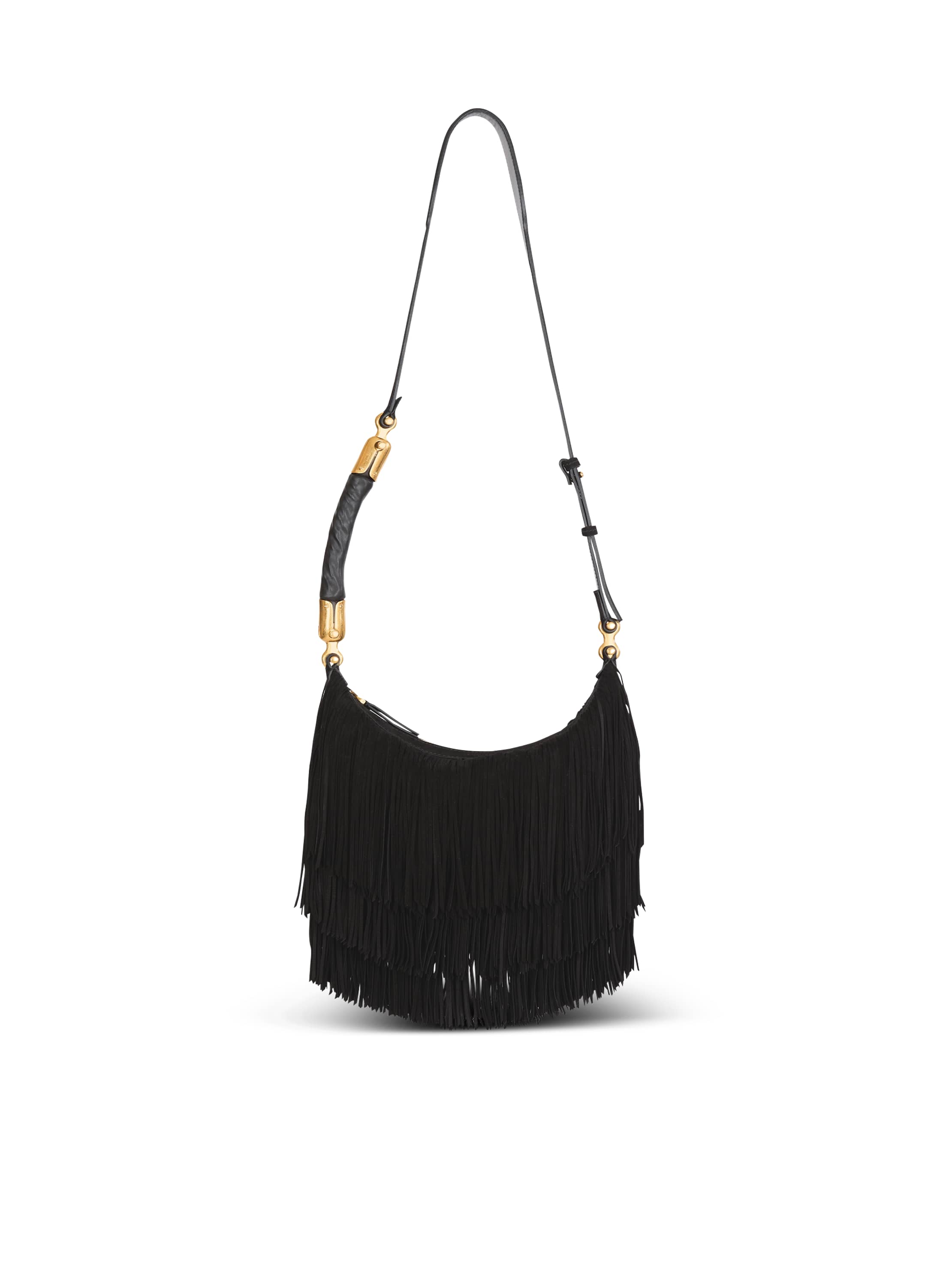 Balmain Ébène Hobo Fringed Suede Bag In Black
