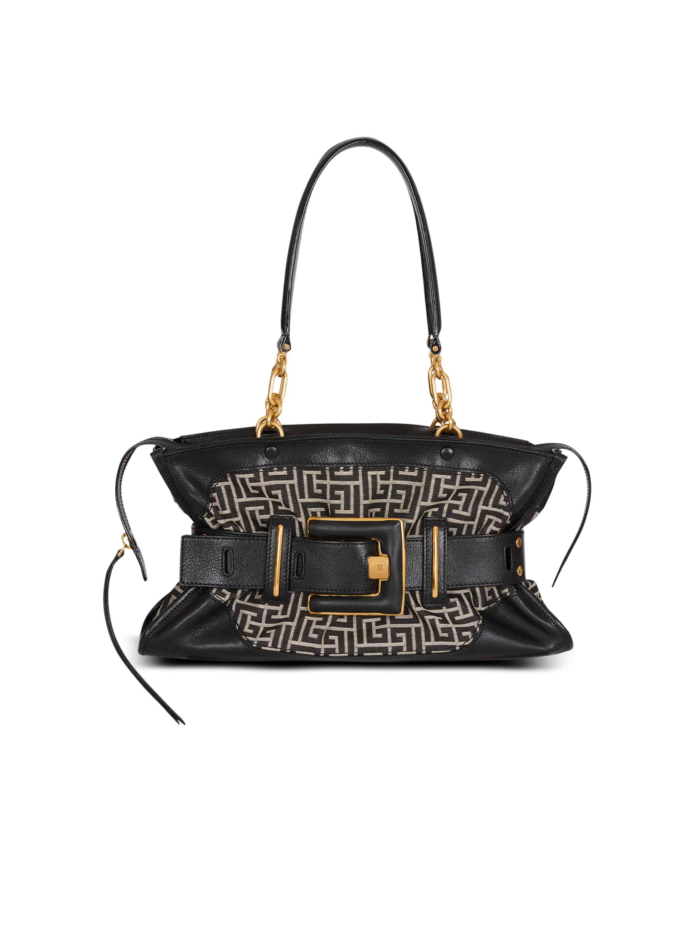Balmain Leather And Monogram Jacquard Anthem Bag In Black