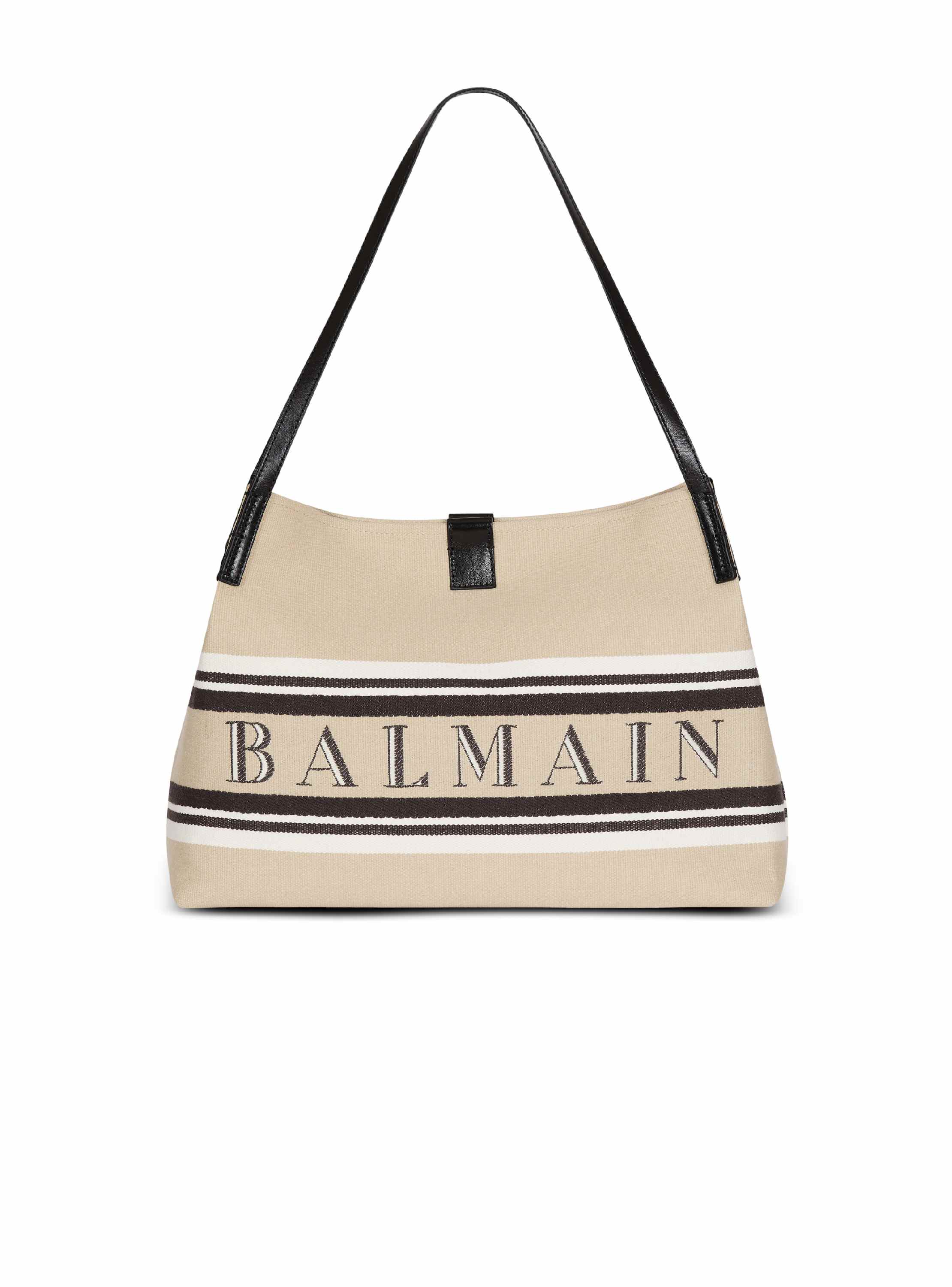 Balmain Medium Release Shopper Bag In Canvas And Calfskin In Sand