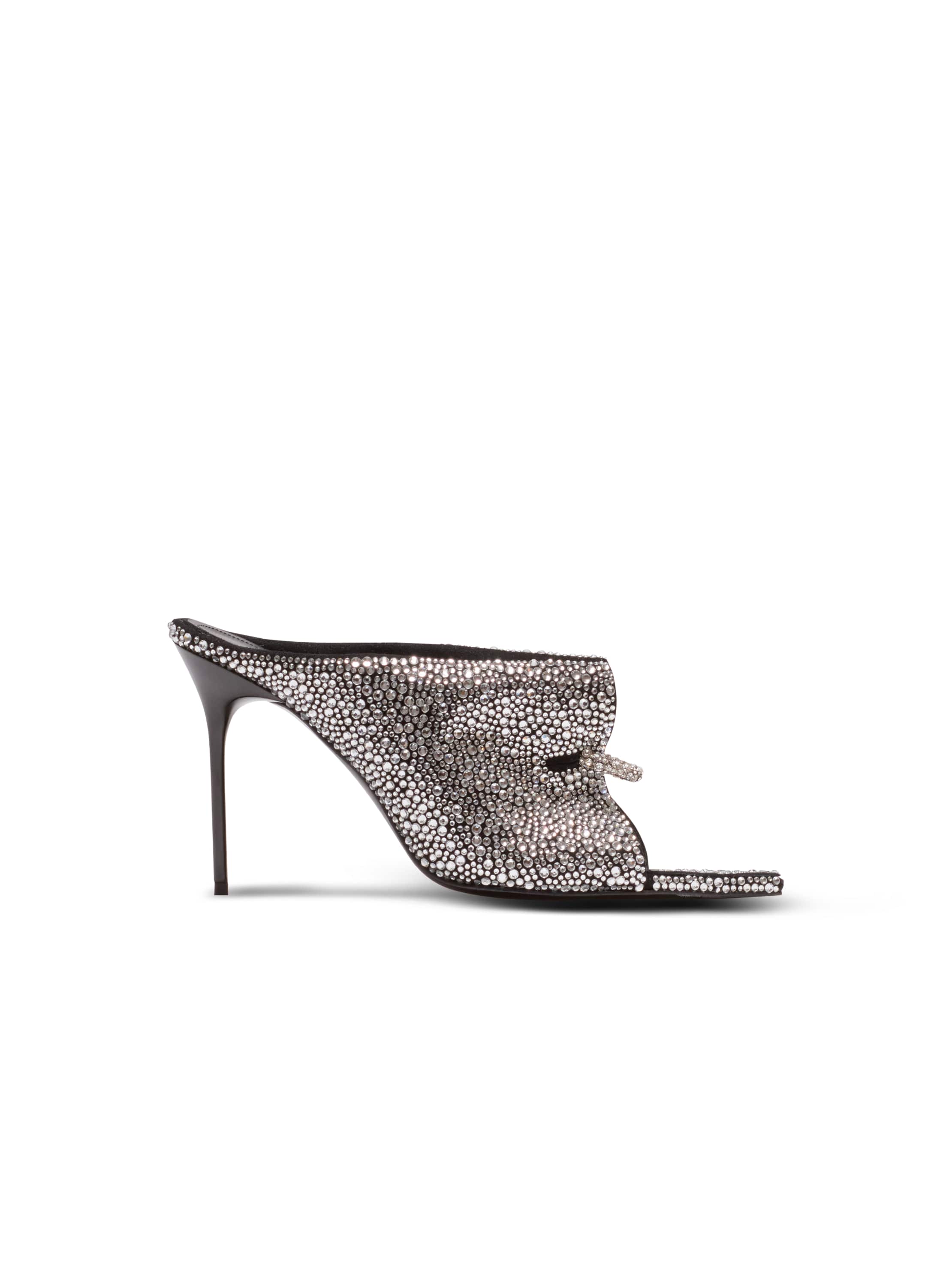 Balmain Suede And Rhinestone Mules With Front Piercing In Silver